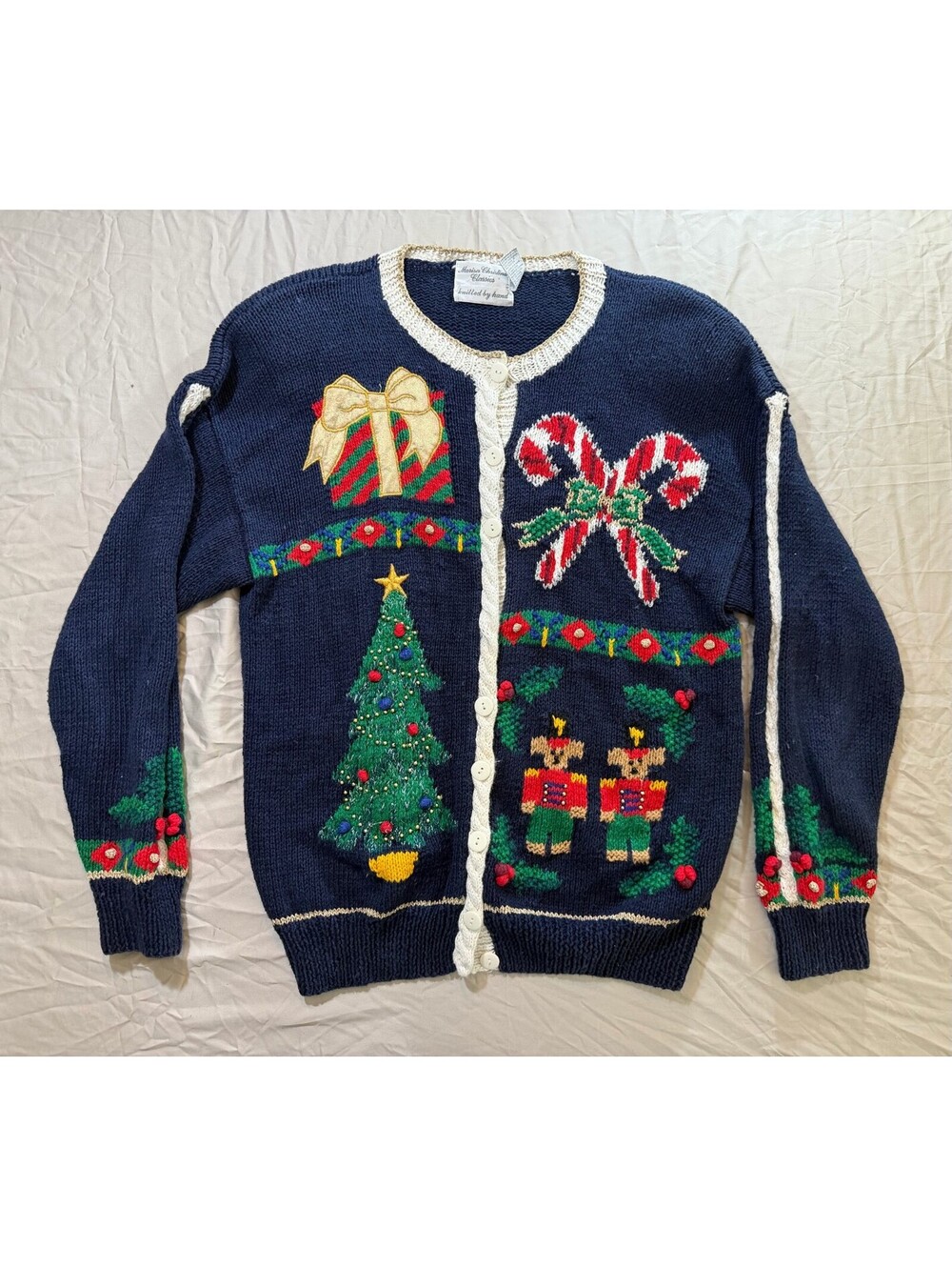 Vintage Marisa Christina Christmas Cardigan Navy Hand Knit Beaded Tree Bears